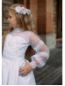 White Satin Lace Pearl Beaded Flower Girl Dress